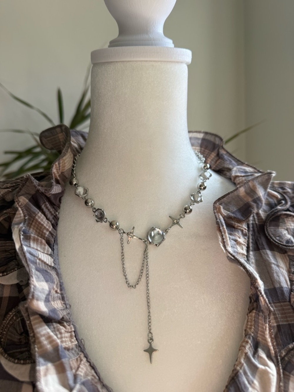 Y2k Celestial Silver Crystal Accent Cross Lariat Necklace -  Unisex Jewelry